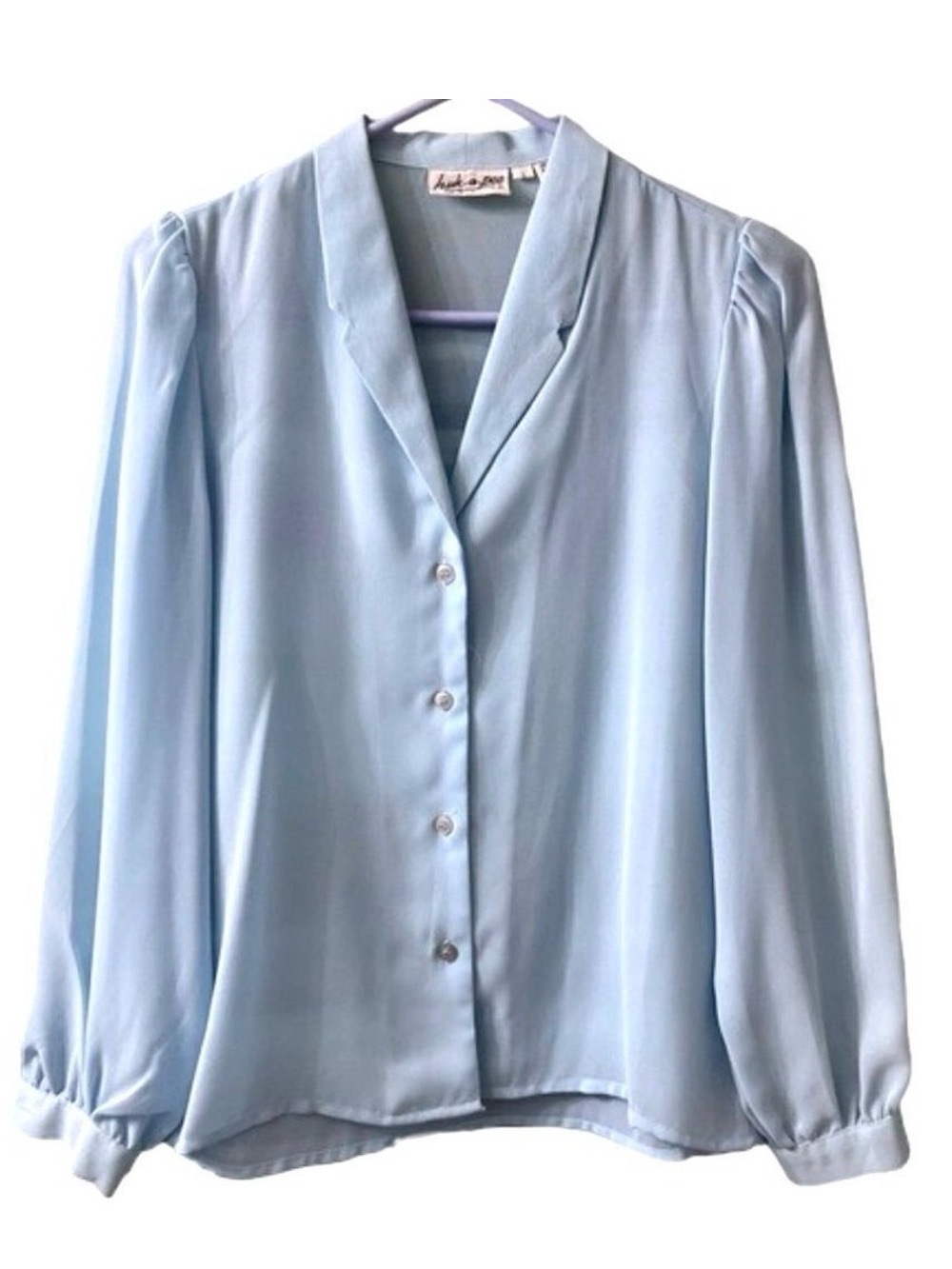 Vintage Ice Blue Sheer Huk-a-poo Button Down Blouse Long sleeves